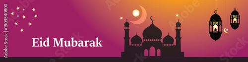Eid mubarak islamic pattern with mosque and lanterns in warm colors