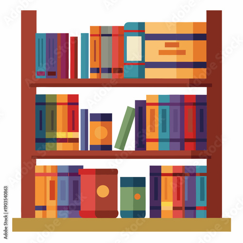 Colorful bookshelf with various books on wooden shelves