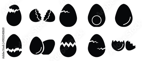 Easter egg icon set. Black solid eggs vector isolated on transparent background. Broken eggs icon set. Cracked eggs symbols. Set of decorated ester eggs vector. Vector illustration.