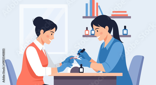 Two women, one giving a manicure to the other, in a bright, modern salon