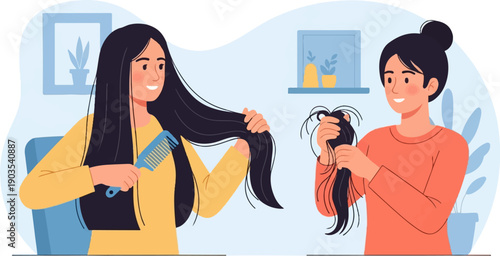 Two women preparing their hair for styling, one with long hair, the other with shorter hair