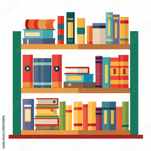 Colorful bookshelf filled with books in modern library or home office