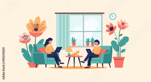 Two people working on laptops in a cozy room with plants and flowers