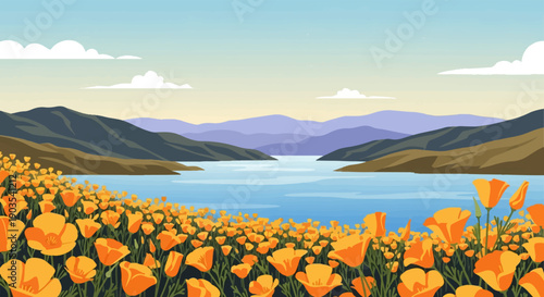 Vibrant orange poppies bloom by a serene lake with rolling hills