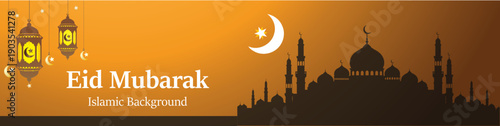 Eid mubarak islamic background banner with mosque and lanterns