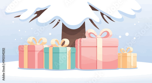 Wrapped gifts sit under a snow-covered tree with falling snowflakes