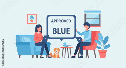 Two people working on laptops in a living room with a dog