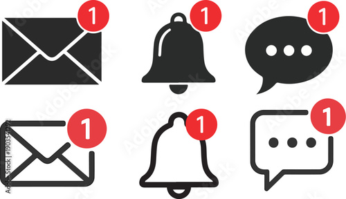 Notification Icon Set – New Email and Message Icons for Social Media Chat Vector Illustration