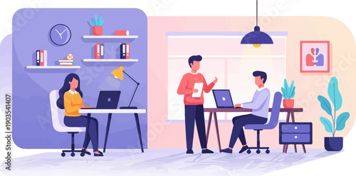 Two people working on laptops in a modern office with plants and decor