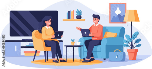 Two people working on laptops in a modern living room