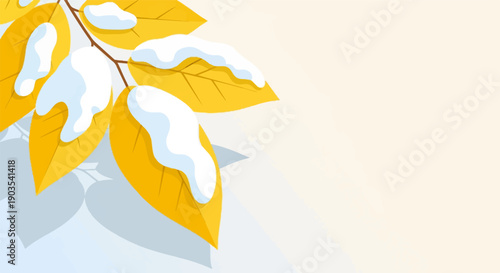 Yellow autumn leaves covered in soft white snow against a soft cream background