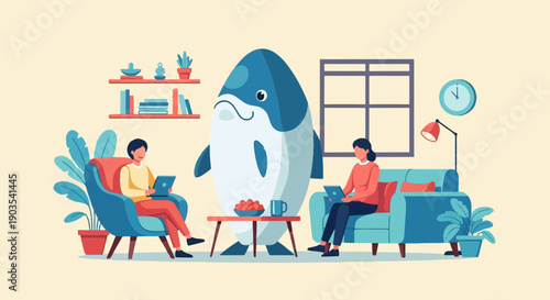 Two people working on laptops in a surreal room with a giant fish