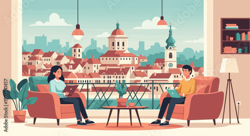 Two people working on laptops in comfortable chairs with a city view