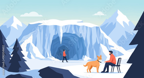 Winter mountain scene with ice cave, people and a dog