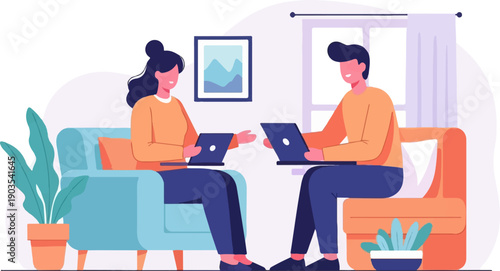 Two people working on laptops while sitting on couches in a cozy room