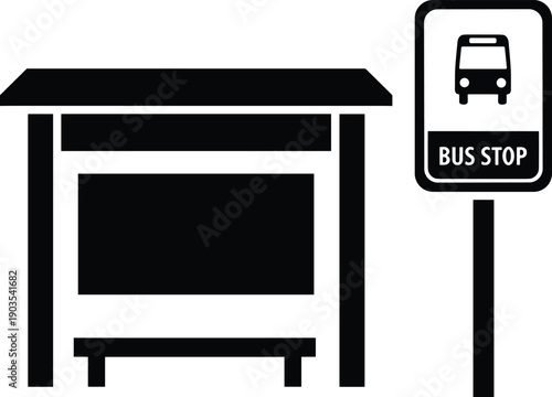 Black silhouette of a bus stop station with sign isolated on white background modern urban public transportation infrastructure icon for city travel and commuting (25 words)