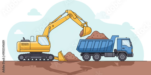 Yellow excavator loads dirt into blue dump truck at construction site