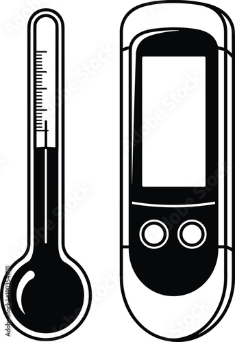 Black silhouette of a classic liquid thermometer and modern digital infrared thermometer isolated on white background for medical health care fever and weather measurement