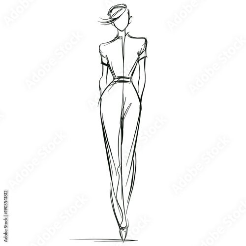 A minimalist hand-drawn fashion illustration of an elegant female figure seen from the front with clean lines and modern couture style