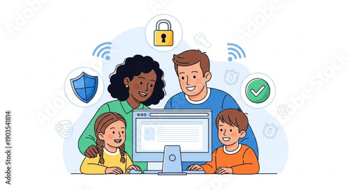 Diverse Family Parents Children Using Computer Safely Vector Illustration with Padlock Shield Security Icons Line Art Style