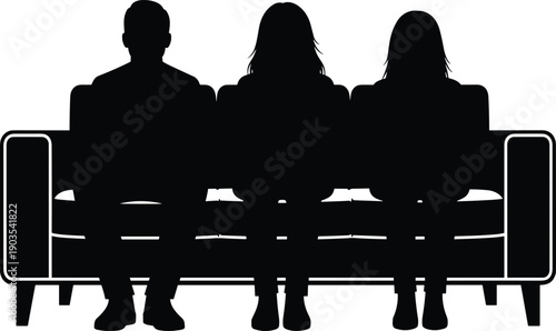 Couch silhouette illustration, three people sitting, modern furniture icon, family leisure graphic, black and white design artwork