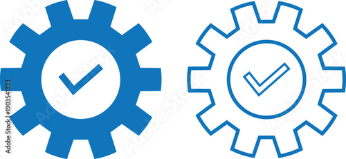 gear symbol, settings icon with checkmark. Successful settings configuration icons.