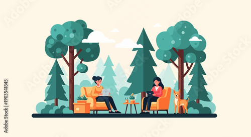 Two women relax on chairs in a forest with laptops, a dog nearby