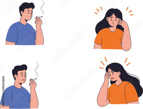Sad man smoking cigarette, worried girl reacting, addiction and emotional stress concept, flat cartoon characters, health risk awareness vector illustration.