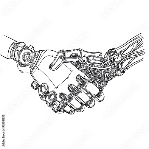 Detailed line art illustration of a robotic hand handshake symbolizing human and artificial intelligence collaboration and future technology