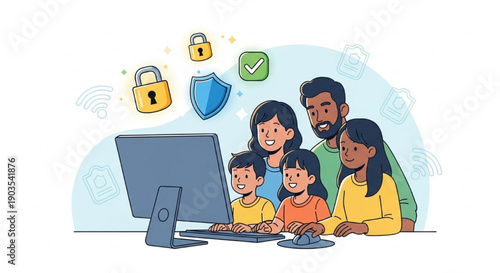 Diverse Family Parents Children Using Computer Safely Vector Illustration with Padlock Shield Security Icons Line Art Style
