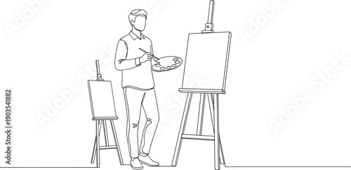 Artist painting on easel canvas with palette minimal line art illustration creative studio vector design concept isolated white