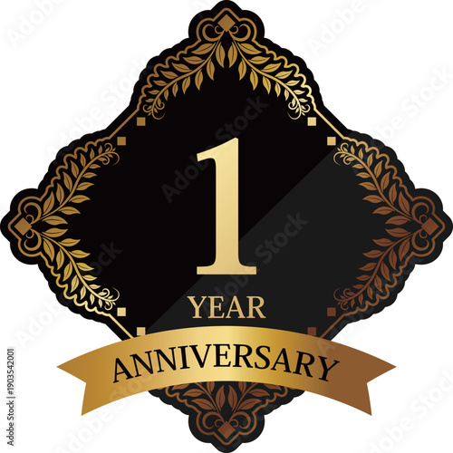 高級感のある1周年記念エンブレム　ブラック＆ゴールド