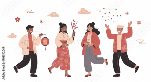 Group of joyful people dancing and celebrating together in a festive atmosphere outdoors with colorful decorations