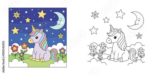 Cute Unicorn in Night Meadow with Smiling Moon and Stars - Vector Illustration Coloring Page for Kids and Preschool Educational Activity with Colorful Reference Example (178 characters)
