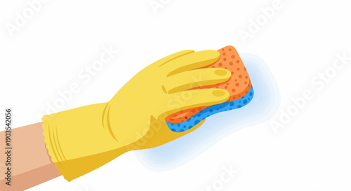 Yellow gloved hand holds a blue and orange cleaning sponge