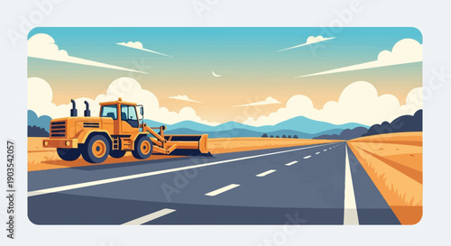 Yellow grader works on a desolate road under a vast, cloud-filled sky