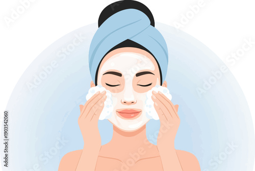 Woman applying facial mask and cleansing with foam