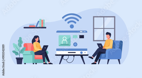 Two people working remotely on laptops in a room connected by WiFi