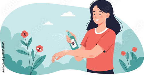 Woman applying insect repellent spray to her arm while standing outdoors among flowers