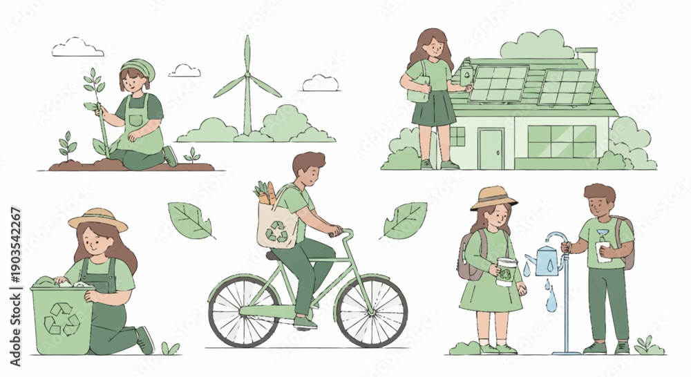 Fototapeta premium Illustration of people engaging in eco-friendly activities amidst renewable energy sources and greenery
