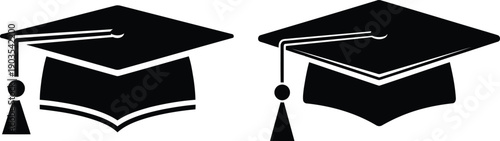 Two black graduation caps with tassels shown side by side on a white background Keywords