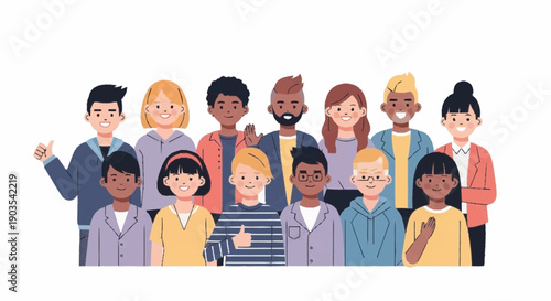 Diverse group of people standing together, interacting, and smiling in a flat illustration style, showcasing unity and diversity from a straightforward viewpoint