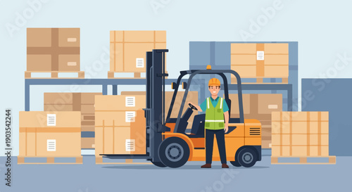 Warehouse worker with forklift and stacks of cardboard boxes