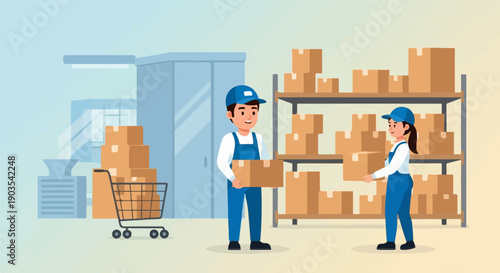 Warehouse workers organizing packages on shelves and a cart