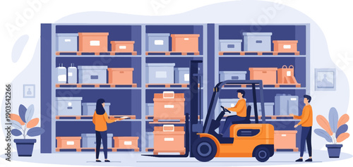 Warehouse operations with forklift, workers, and storage shelves full of boxes