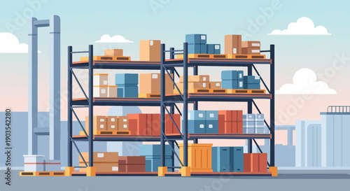 Warehouse shelves loaded with boxes and pallets against a pastel sky