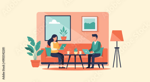 Two people sitting on couch using laptops, indoor scene with plants