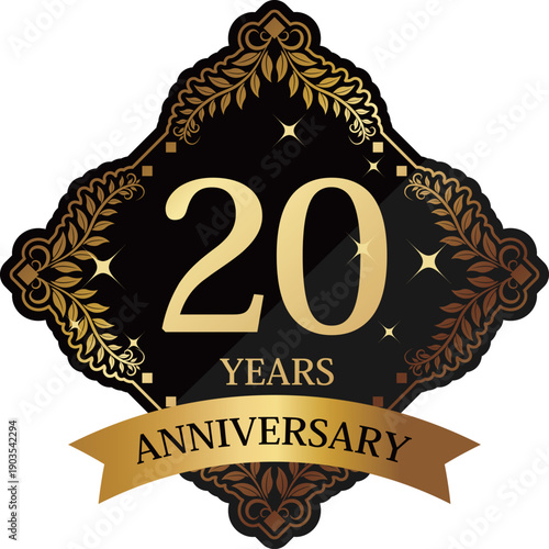 高級感のある20周年記念エンブレム　ブラック＆ゴールド