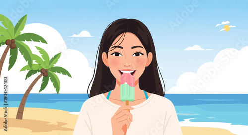Woman enjoying a popsicle on a sunny tropical beach with palm trees