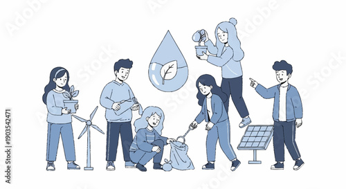 People working together on environmental projects with renewable energy sources and water conservation